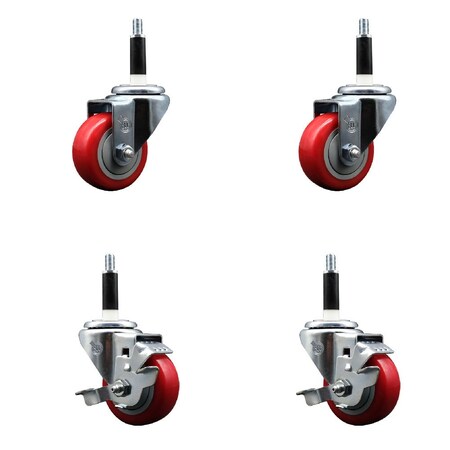 Service Caster 3'' Red Poly Wheel Swivel 7/8'' Expanding Stem Caster Set 2 Brakes, 4PK SCC-EX20S314-PPUB-RED-2-TLB-2-78